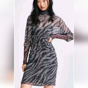 rag & bone Zebra-Print Metallic Sheer Long-Sleeve Dress in Silver and Black